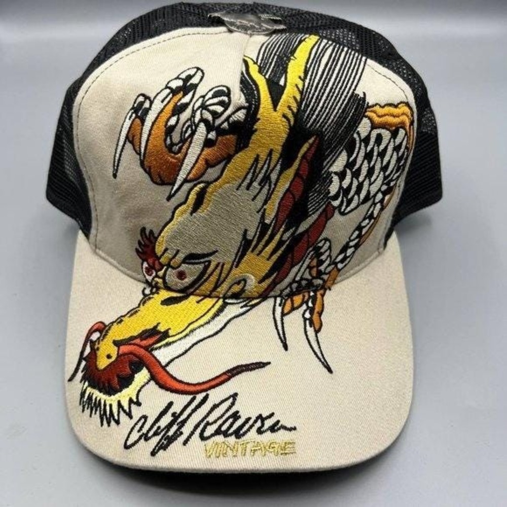 Vintage Cliff Raven Hat Brown Ed Hardy Japanese tattoo Snap back Trucker Cap 90s